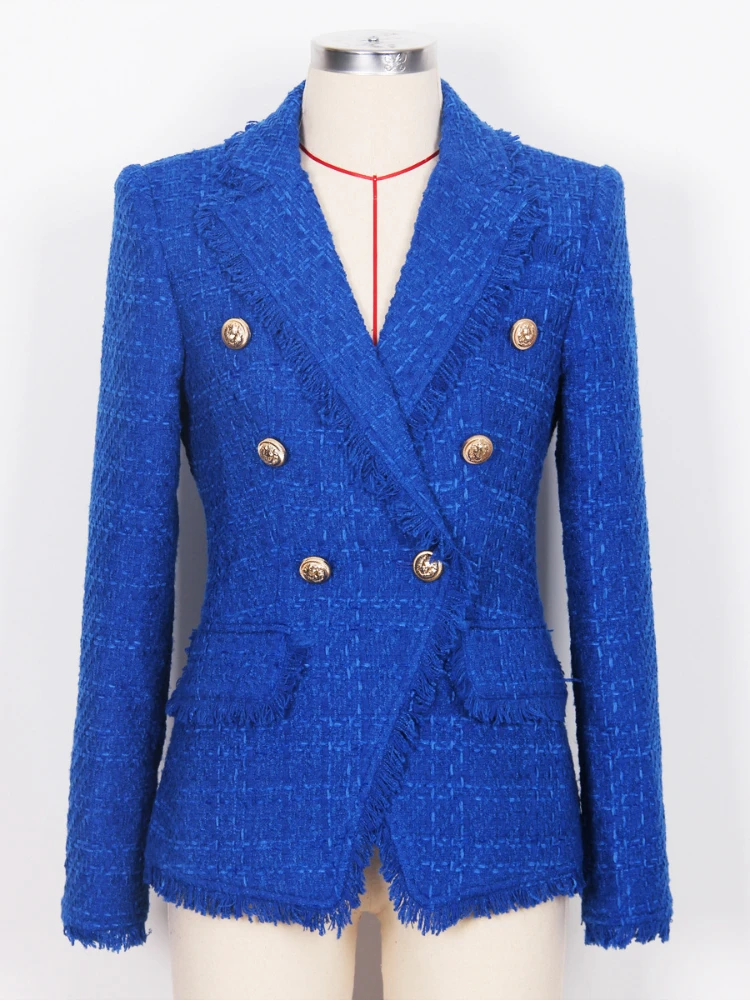 Fashion Vintage Blue Tweed Coat Women 2023 Autumn Y2k High Quality American Style Slim Fit Elegant Commuter Plus Size Blazer 2XL