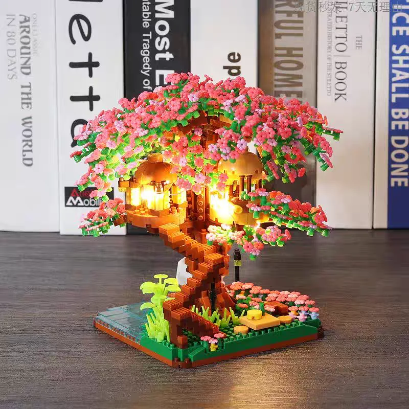 

Flower House Tree Trains With Lights Building Blocks Kids Toys City Street View Assemble Bricks Montessori Creative Gift for Kid