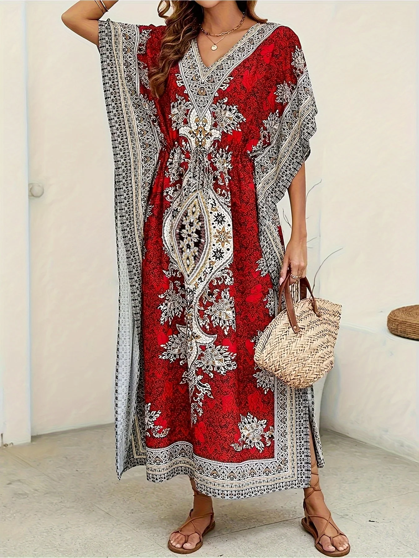 2026 Casual Elegant Printed Pattern Solid Color Loose Long-Sleeved Dress with Long Skirt, Suitable for Daily Travel