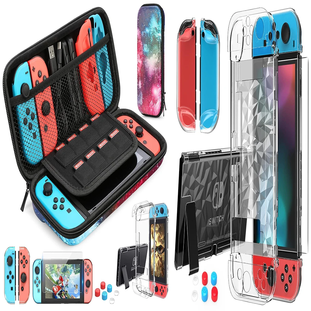 HEYSTOP Cosmic Galaxy Set Bag Nintendo Switch Accessories Kit Diamond Pattern and Transparent Protective Case Screen Protector