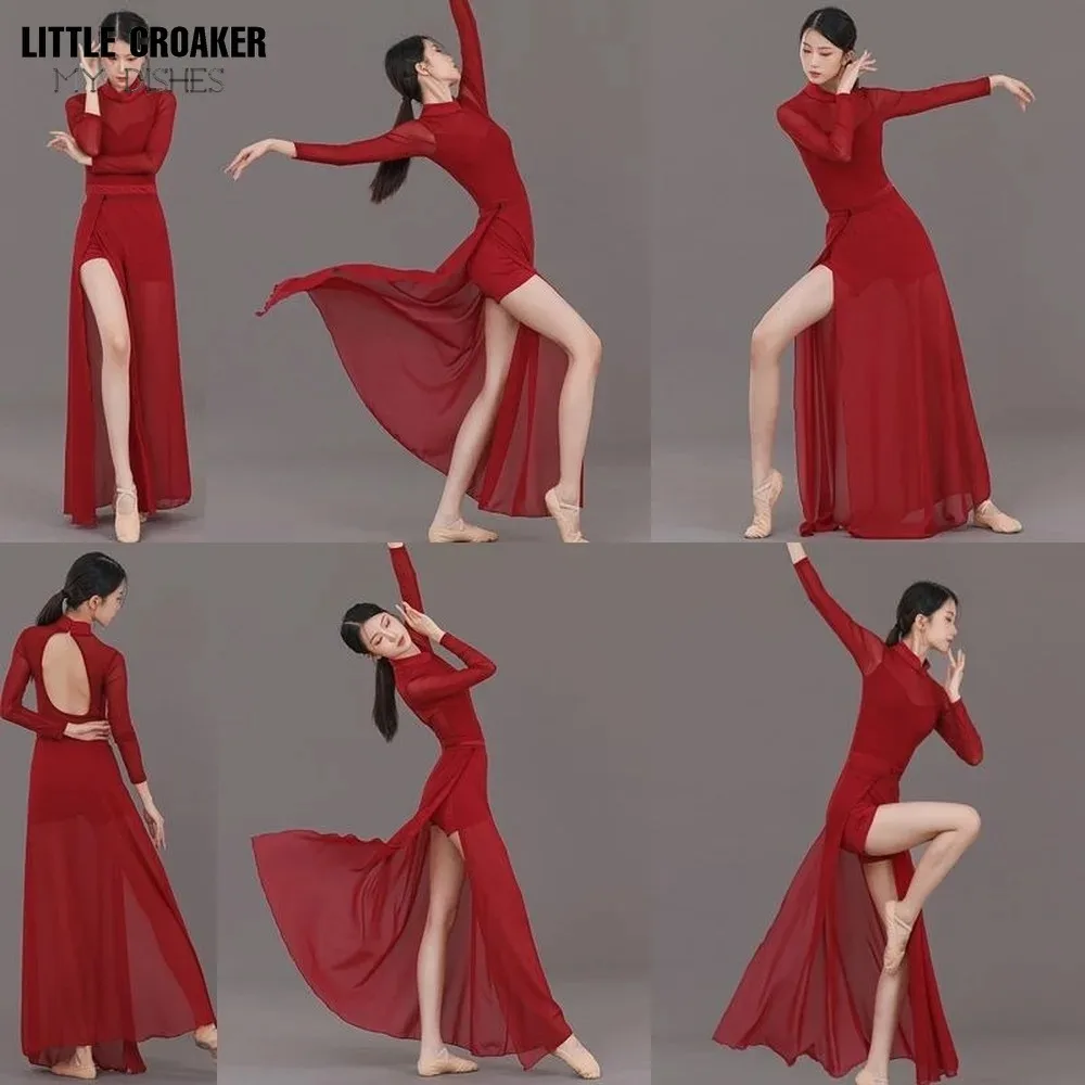 Traje de dança chinesa, garfo clássico, Cheongsam estilo étnico, fenda de cintura alta, roupa moderna para prática de dança