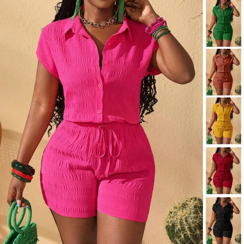 Solid Textured Women Matching Set Lapel Short Sleeve Top Drawstring Elastic Waist Shorts Summer Beach Casual Two Piece Outfit