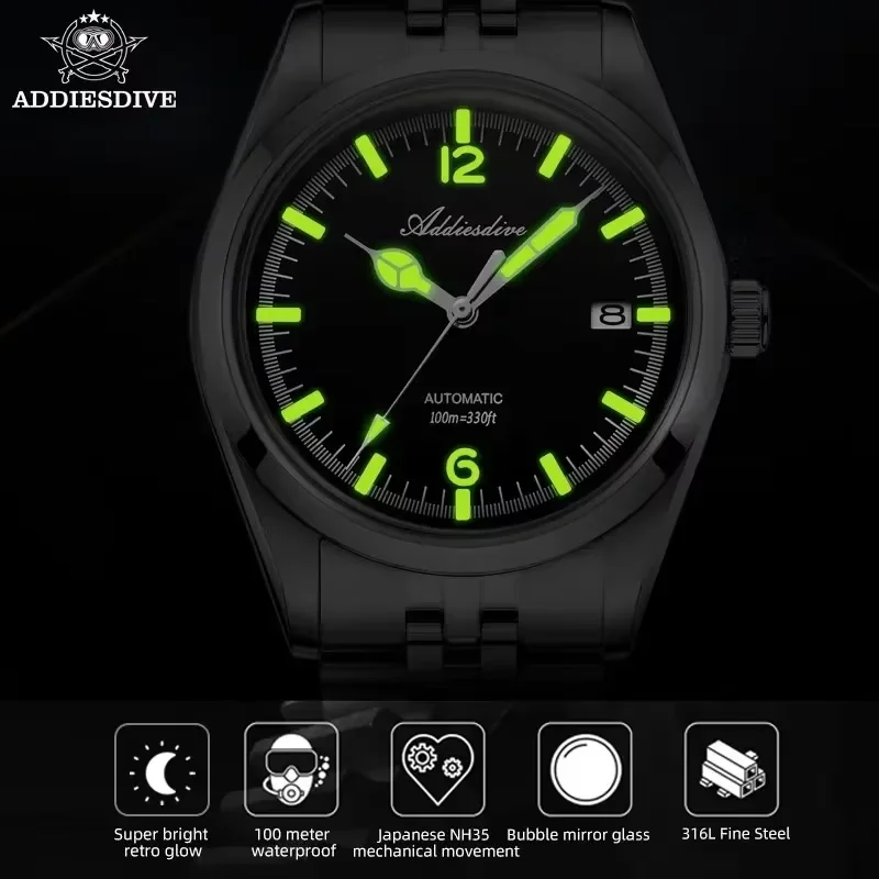 ADDIESDIVE 39mm Orologi Per Gli Uomini Calendario Display 100m Impermeabile Super Luminoso NH35A Diving Orologi Meccanici Automatici AD2038