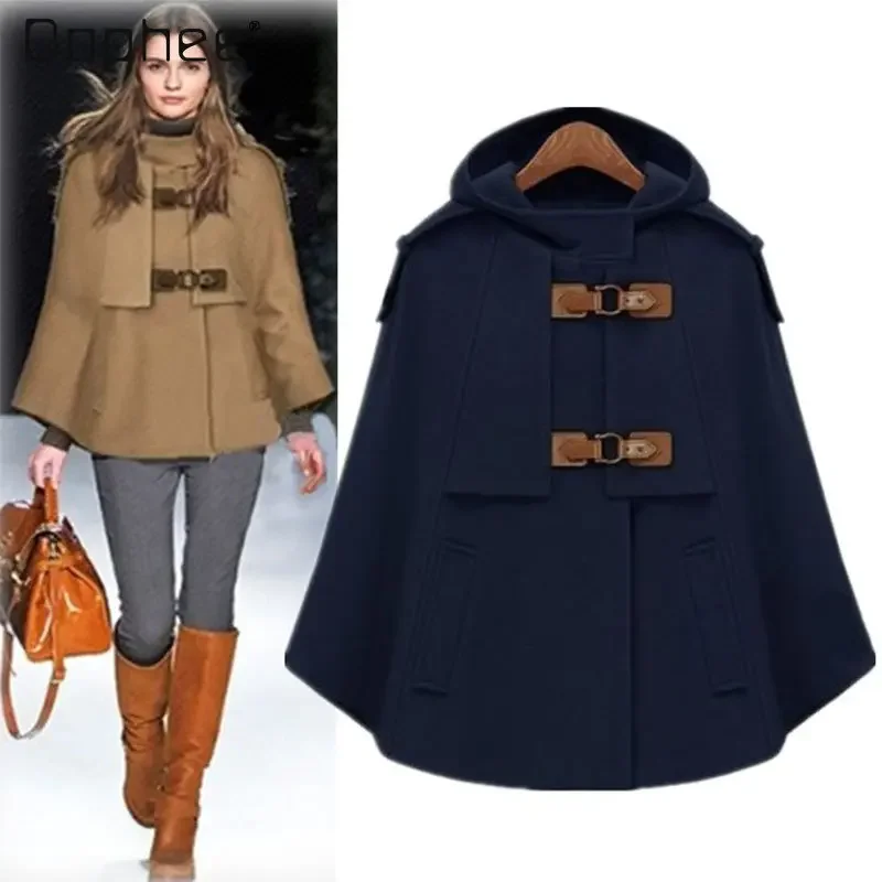 

Autumn and Winter Woolen Coat Woman 2023 New Streetwear Stand Collar Hooded Shawl Cape Leather Belt Buckle Coat Women's Clothing