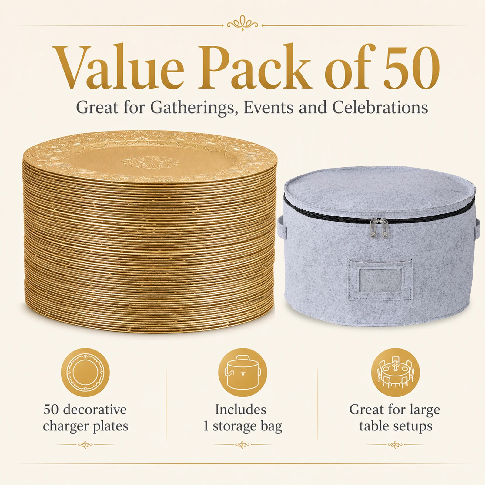 50Pcs Gold Charger Plates 13 Inch Bulk, Decorative Round Charger Platters Set with Storage Bag, Reusable Plastic Plate Chargers for Weddings Parties Banquets Event Tabletop Setting