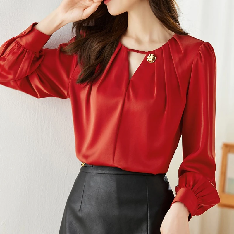

Spring Autumn Elegant Red Women's Blouse 2025 New Long Sleeve Button V-neck Korean Casual Loose Office Lady Shirts Female