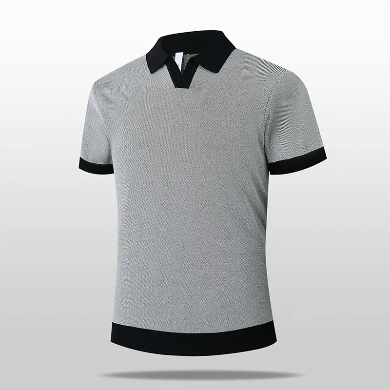 Men's Contrast Trim V Notch Knit Polo Shirt Short Sleeve Turn Down Collar Ribbed Cuff & Hem Casual Business Breathable Summer To