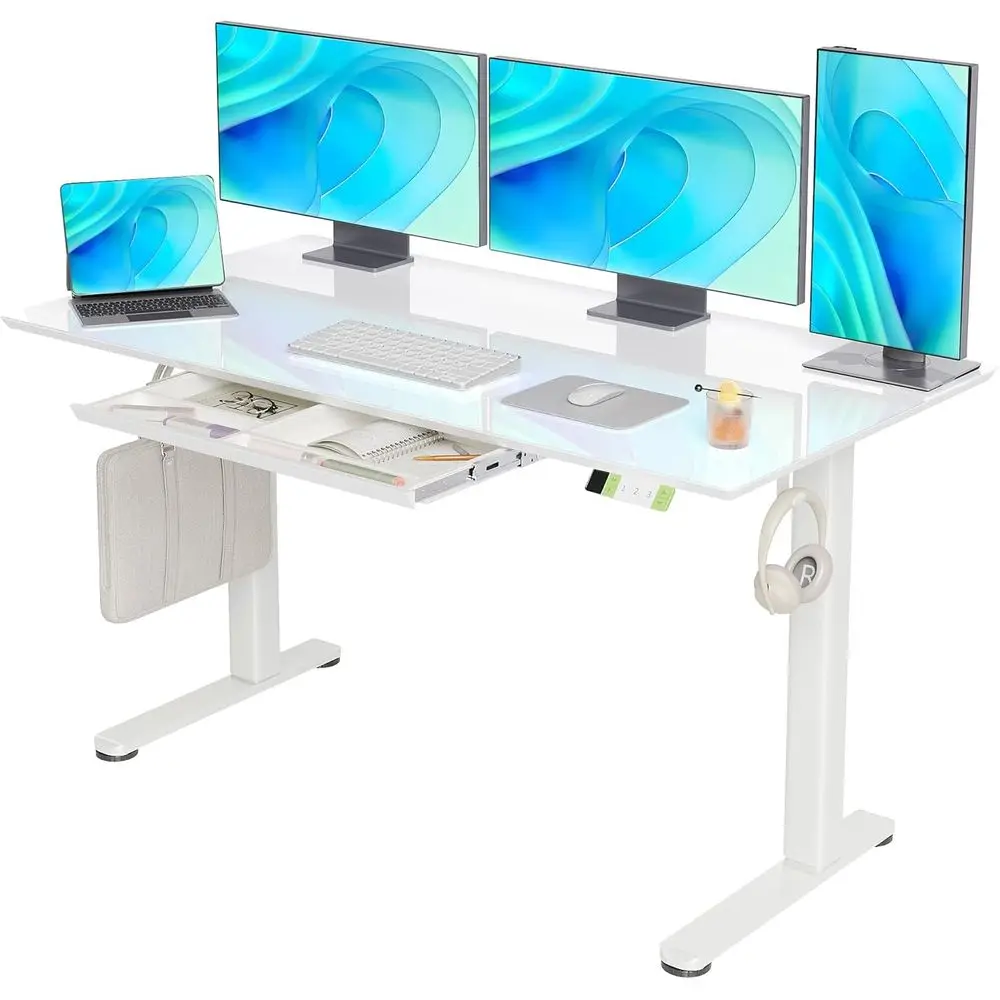 

Стеклянный электрический стол-трансформер с регулировкой высоты, 55×24 дюйма, для дома или офиса, белый