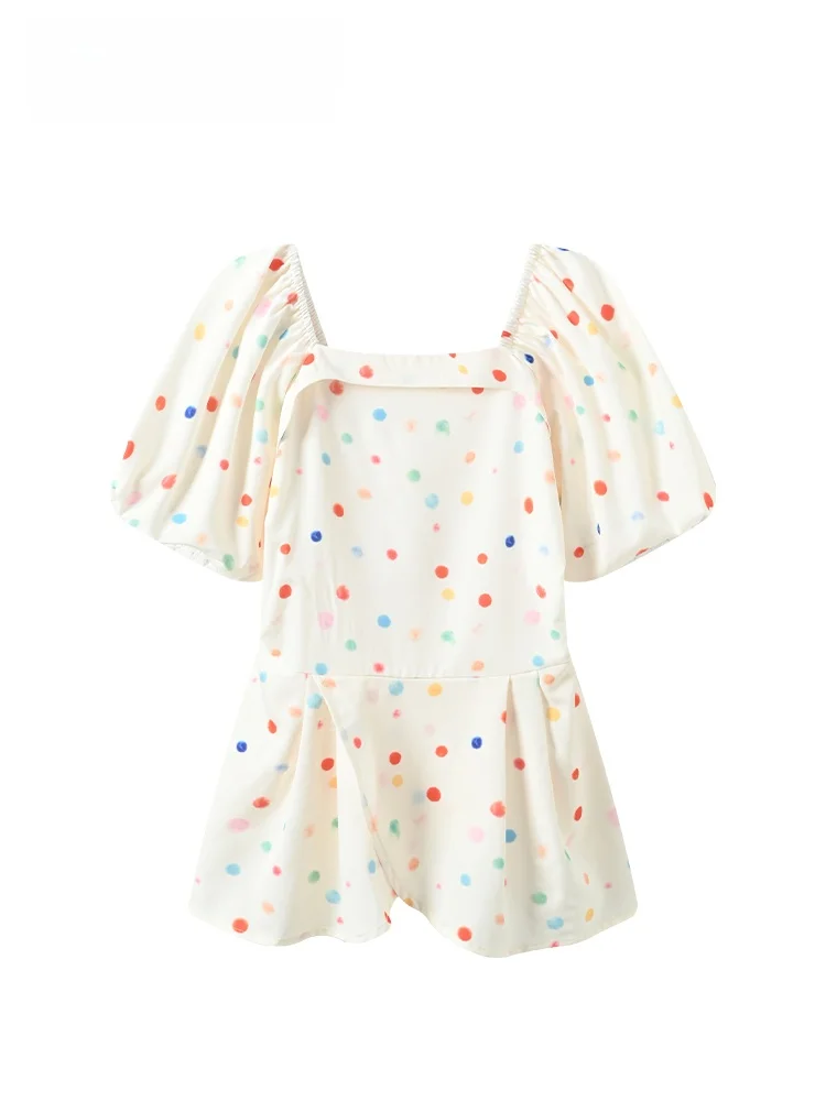 

CaraCLUB plus Size Polka Dot Bubble Sleeve Shirt Women's Casual Summer Top Square Collar Loose Fit Polyester Fiber Short Sleeve