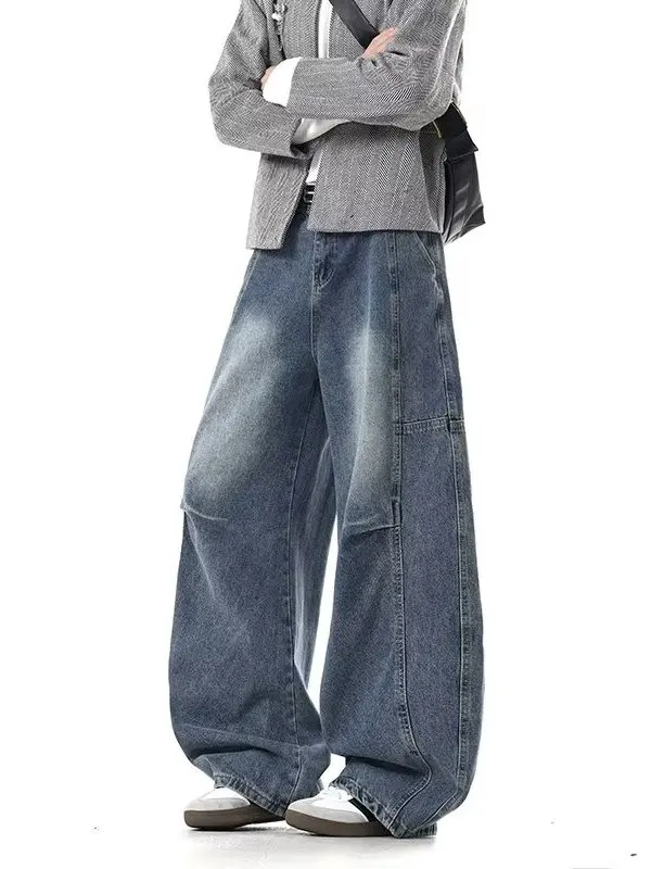 

Retro Washed Men's Loose Straight Leg Jeans Wide Leg American High Street Trendy Brand Hip Handsome Casual Denim Pants