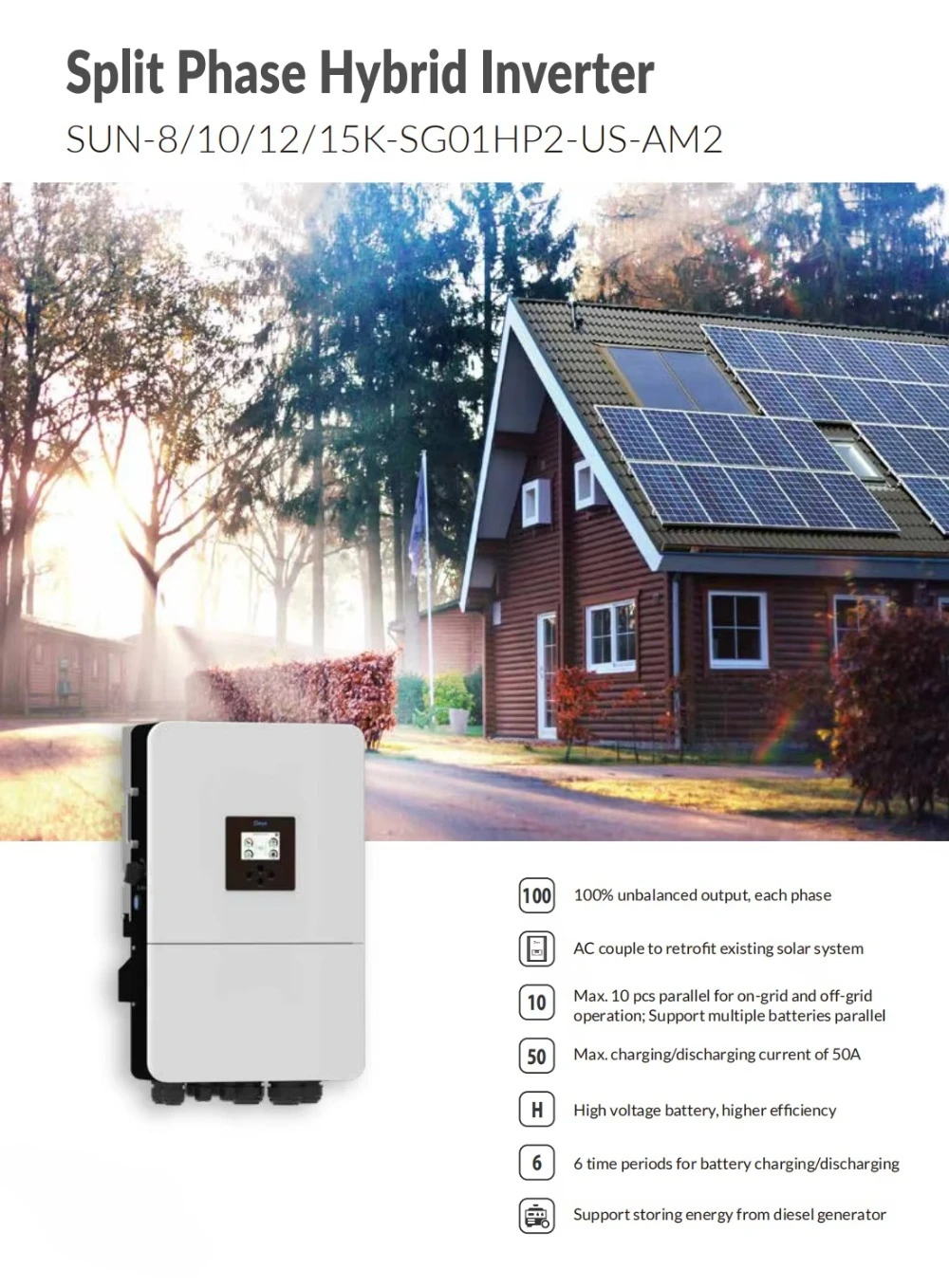 Manufacturer Us Version Sun-12k-sg02lp2-us Hybrid Solar Inverter Split Phase 8kw 10kw 12kw 15kw Energy Storage Inverter