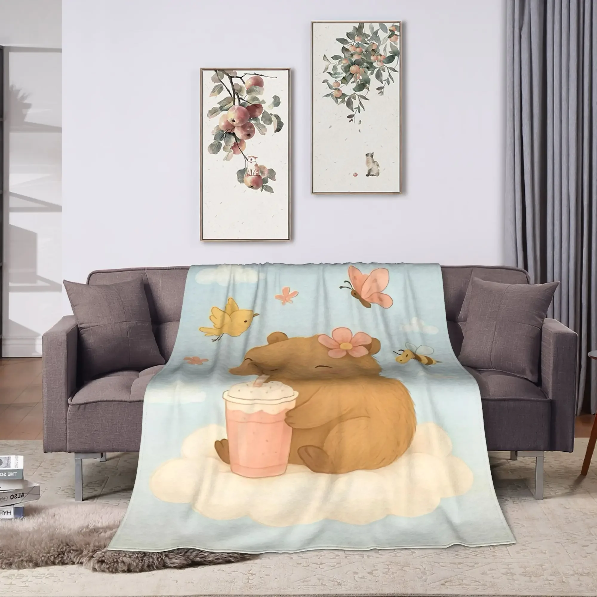 Cute Capybara on the clouds Plush Blanket Child  Flannel Bedding Throws For Bedroom Soft Warm Bedspread Birthday Present
