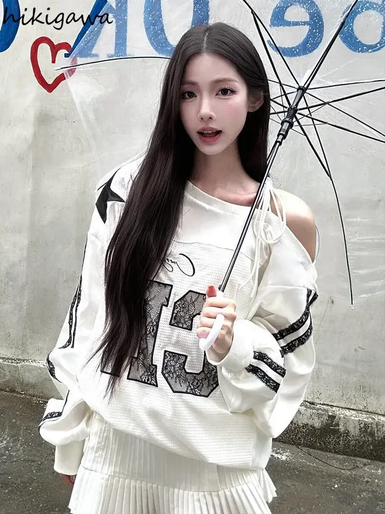 Hoodie Harajuku pakaian wanita Off Shoulder renda seksi huruf Y2k atasan 2024 Ropa Mujer perban kasual Chic kaus ukuran besar