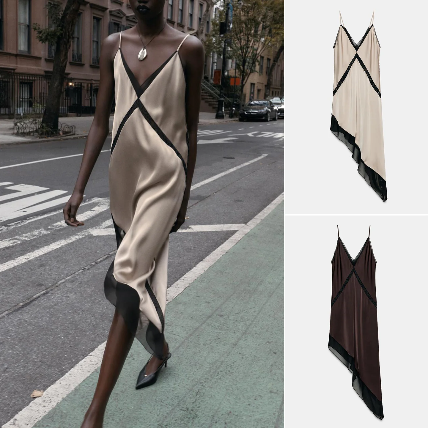 Winter New Women's V-ne Svel Silk Satin Asymmetrical Midi Dr French Sle Ci Commute Regular Thin Slim Fit