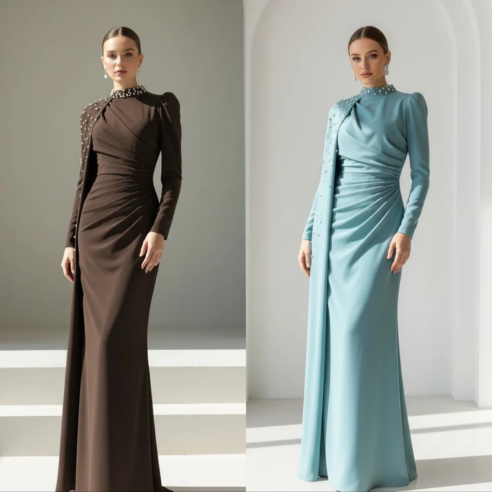 

Customized Jersey Pleat Beading High Collar Long Dresses Bespoke Occasion Women Evening Dress Classic Party Formal