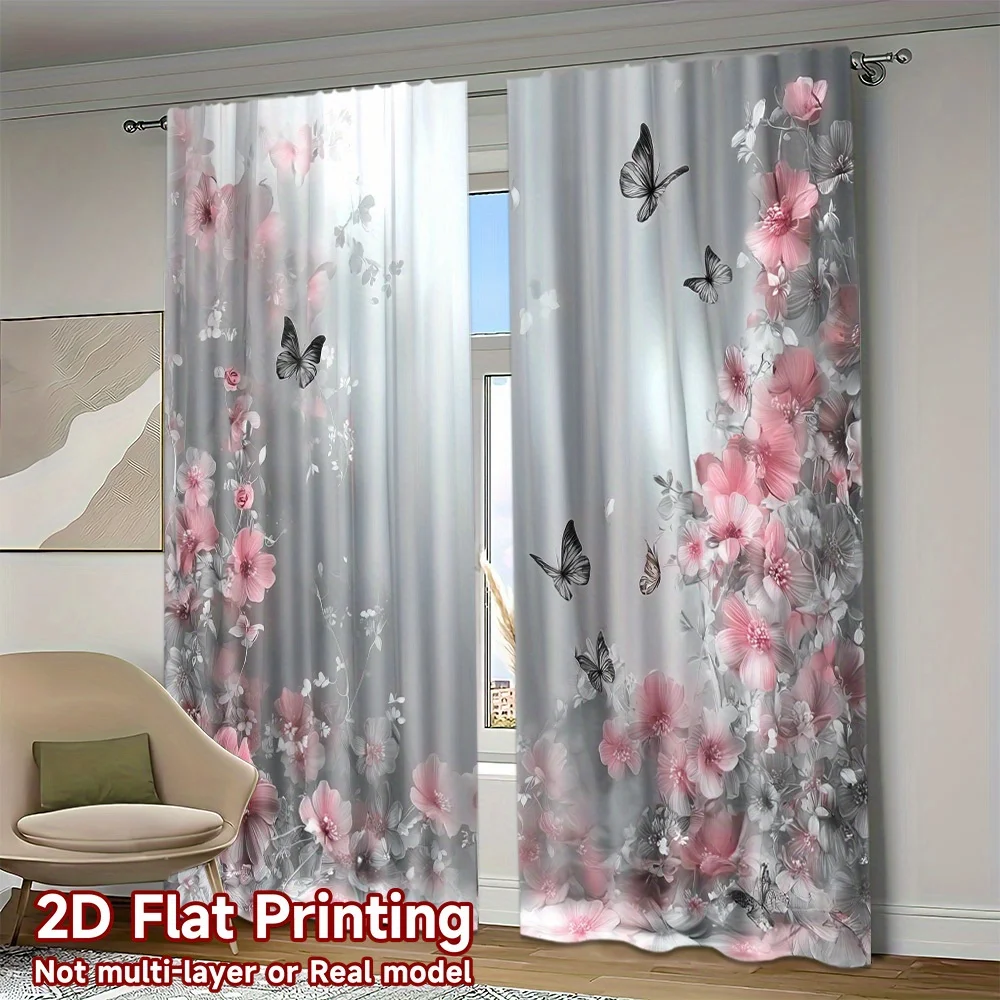 2 Panels Pink Flower Butterfly Curtains Printed Polyester Drapes Modern Living Room Bedroom Window Treatment sheer curtain