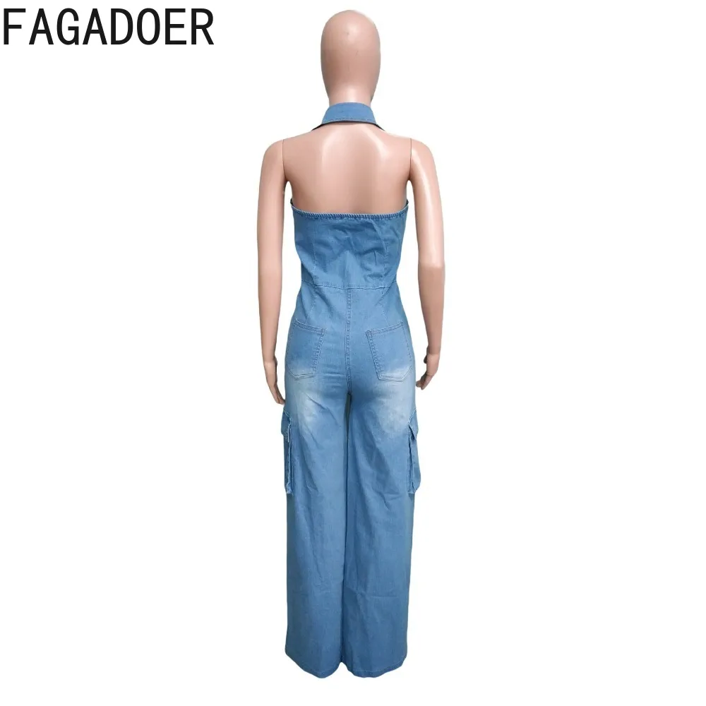 FAGADOER Retro 90s Denim Jumpsuits Halter Lapel Single-Breasted Quality Stretch Summer 2024 Fashion Streetwear Casual Playsuits