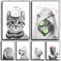 Animals Bathroom Posters Prints Cute Raccoon for Toilet Paper Pig Dinosaur Dog Cat Funny Toilet Canvas Painting Wall Room Decor