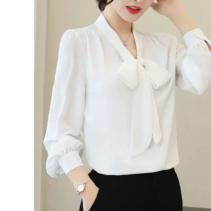 Camisa feminina de laço de chiffon, manga comprida, blusa solta, monocromática, que combina com tudo, moda, nova, primavera, outono