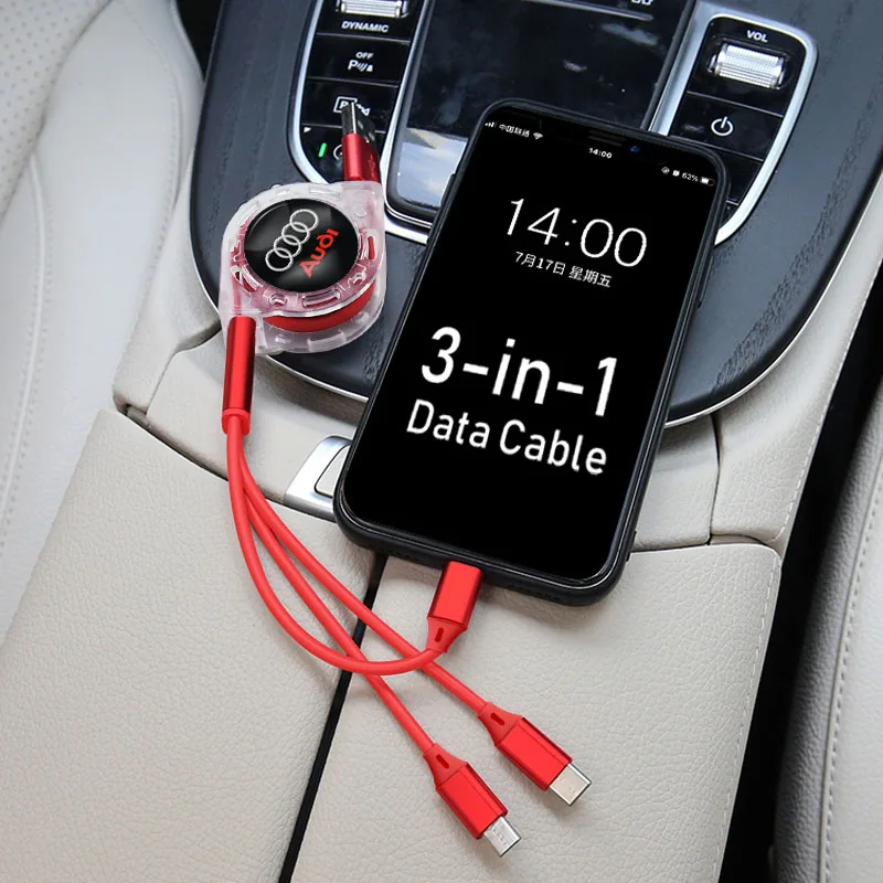 Car Interior 3 In 1 Fast Charger USB Data Cable Accessory For Audi Sline A1 A3 A4 A5 A6 A7 A8 Q2 Q3 Q5 Q7 Q8 TT S1 S3 RS5 RS6