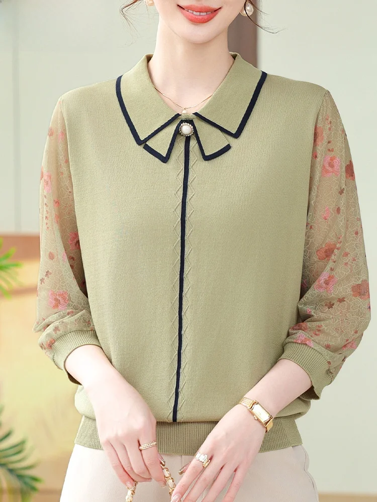 

Sli Knitted Sweater for Older Women Spring Faion Me Sve Small Fraance Sle Top New 2025 Polyester Blend Casual ...