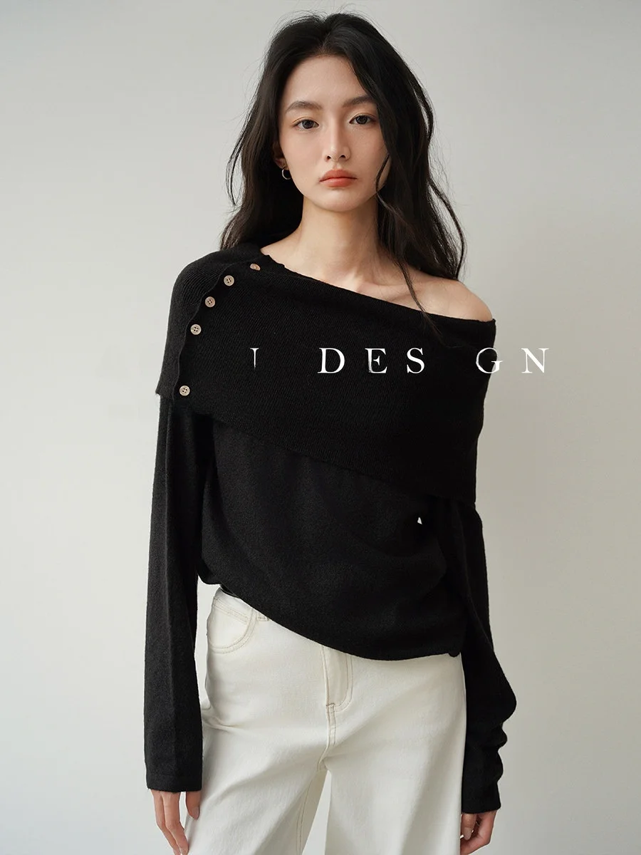 

Ele Bla Button oulder Bared Knitwear Women's Autumn Winter Sve Long Straight Tube Top Simple Sle Commute Faion