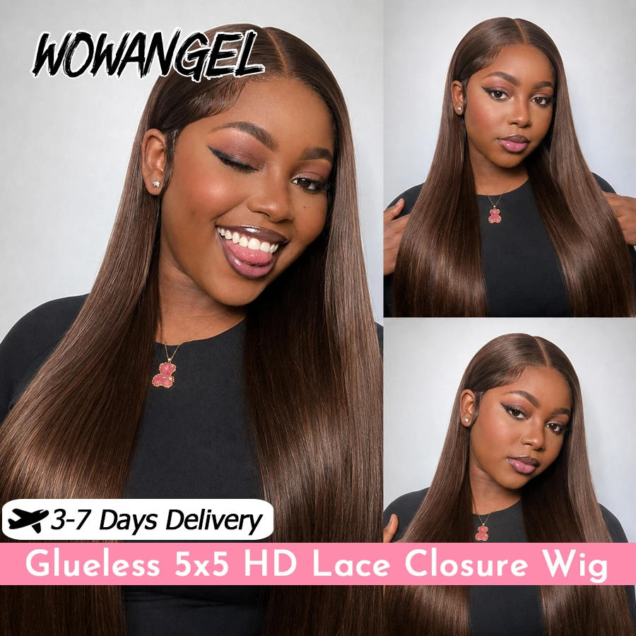 WOWANGEL Chocolate Brown 5x5 HD Lace Glueless Human Hair Wig Straight Pre Plucked Closure Wig Bleached Knots Beginner Friendly