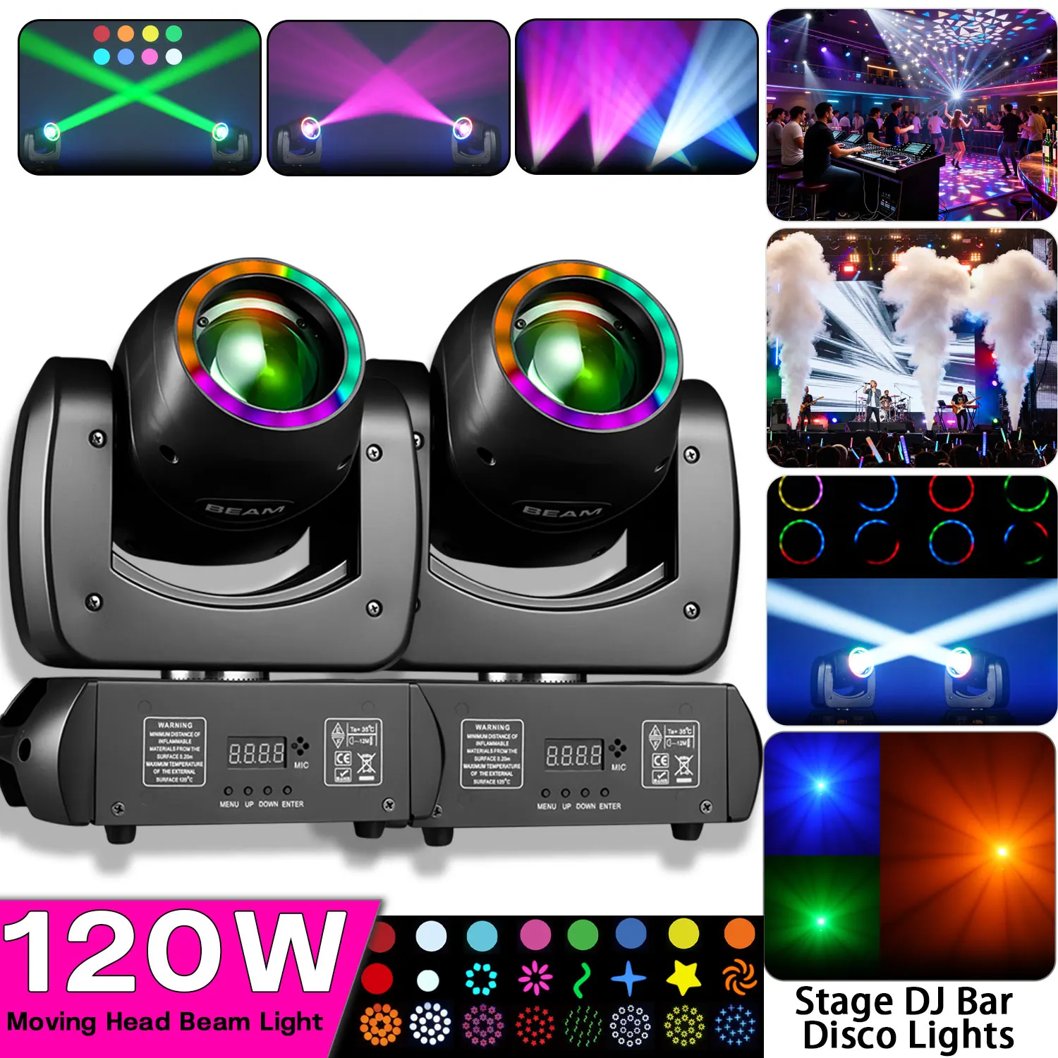 120W LED Moving Head Beam Light Remote Control 8 Patterns 8 Colors 18 Prisms DMX512 Voice Control Stage Light for Bar Party Wedd