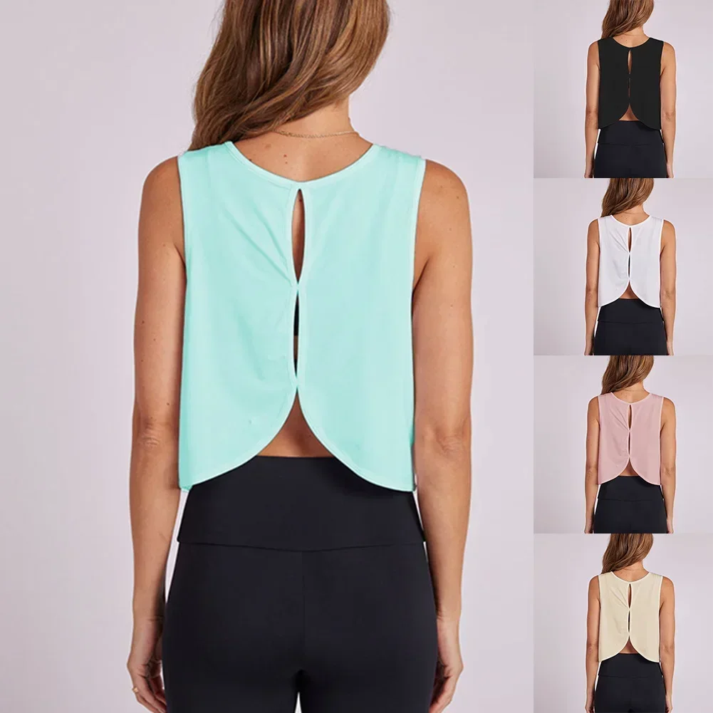 

Black Hollowed-Out Back Regular Length Round Neck Design Suitable For Vacation Female Apparel Sleeveless Style