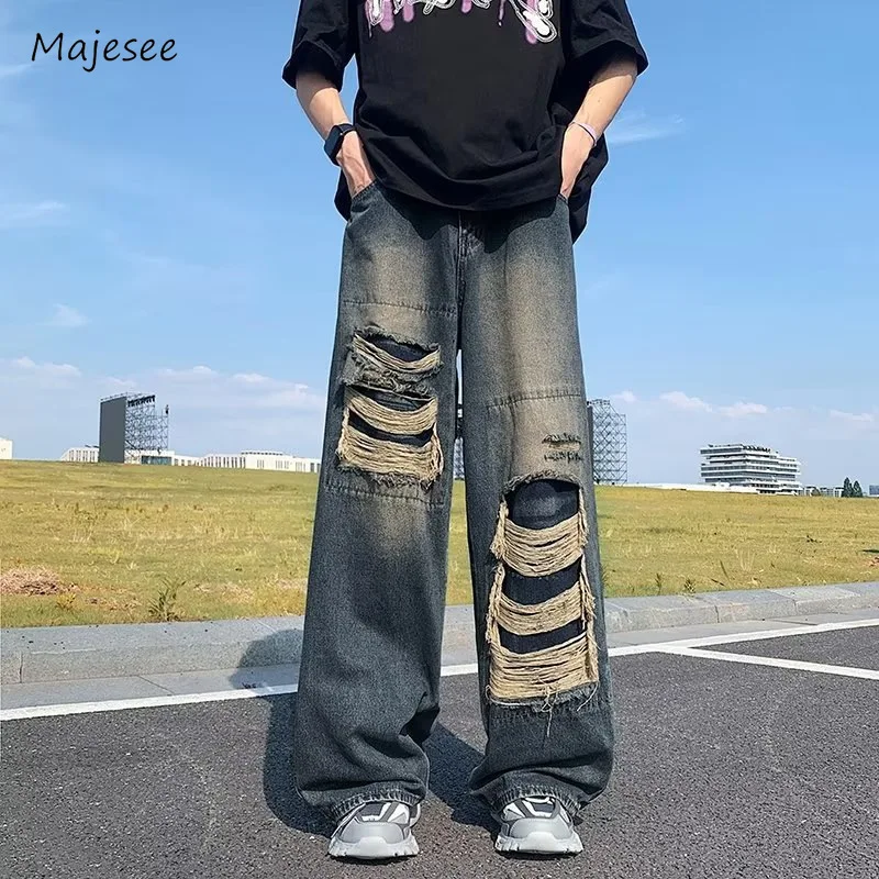 

Jeans Men Spring Hole Wide Leg Trousers Design High Street Casual Loose Fashion Handsome All-match Daily Gradient Color College