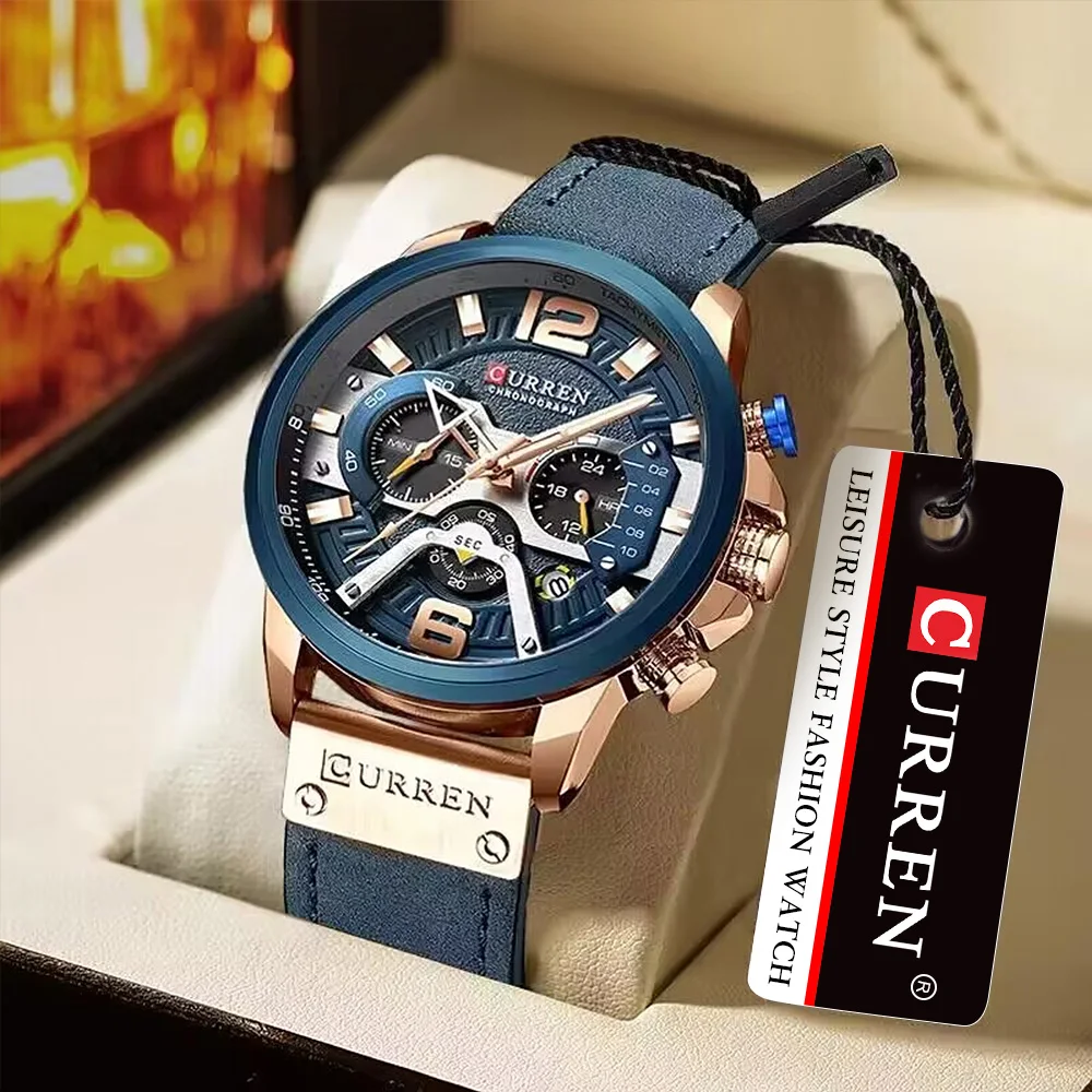 2021 CURREN Men Watches Top Brand Luxury Blue Leather Chronograph Sport Watch For Men Fashion Date Waterproof Clock Reloj Hombre