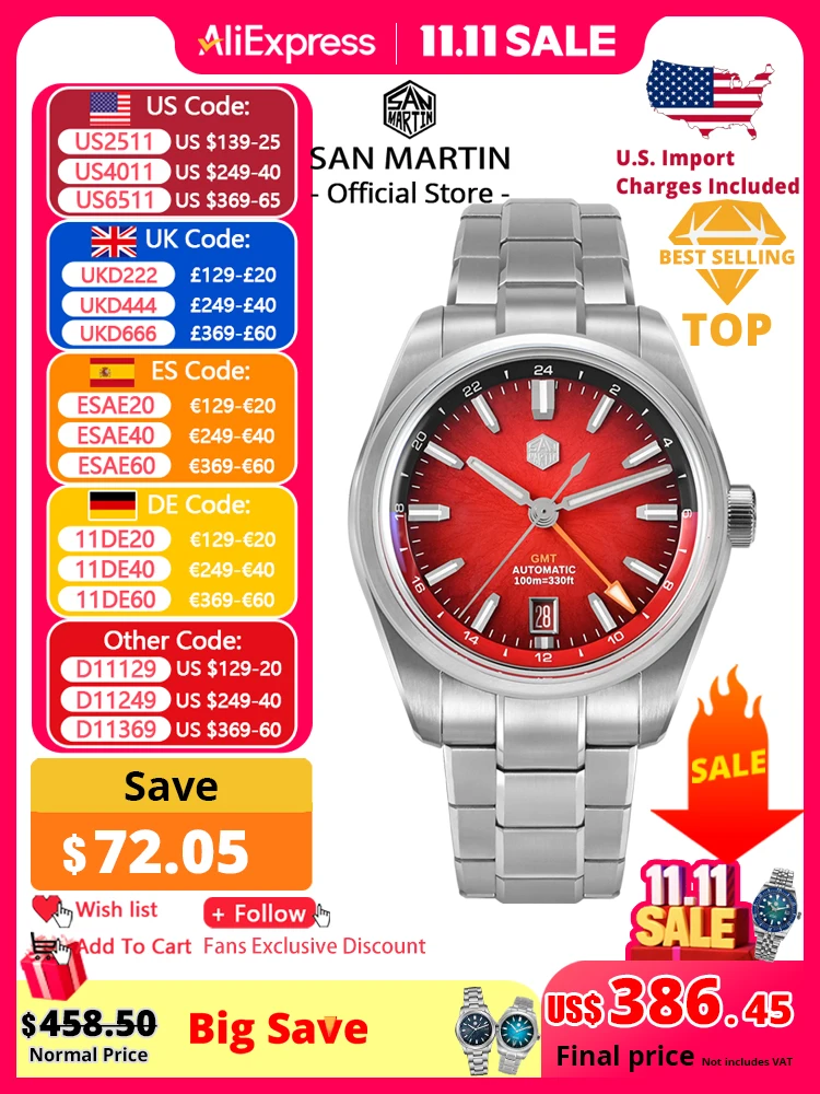 

San Martin New 39mm Enamel JianZhan GMT Miyota 9075 Watch Luxury Gada Men Automatic Mechanical Dress Watch Chinese Style SN0144