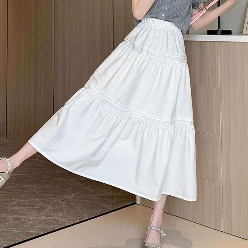 Summer Casual White Long Skirts Women Korean All-Match High Waisted Midi Skirts Ladies Elegant Patchwork A-Line Pleated Skirt