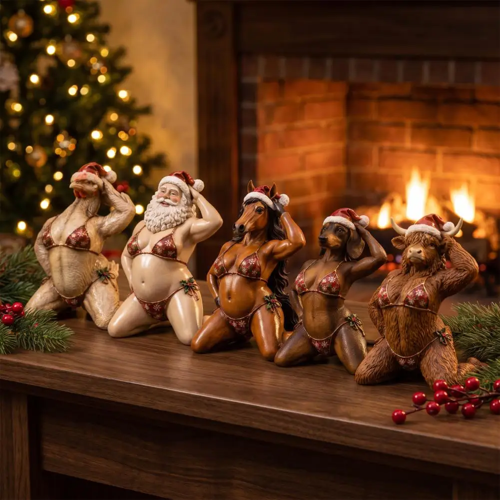 Christmas Santa Claus Figurine Holiday Table Centerpieces Kneeling Santa Claus Figurine Bikini Highland Cattle for Festive