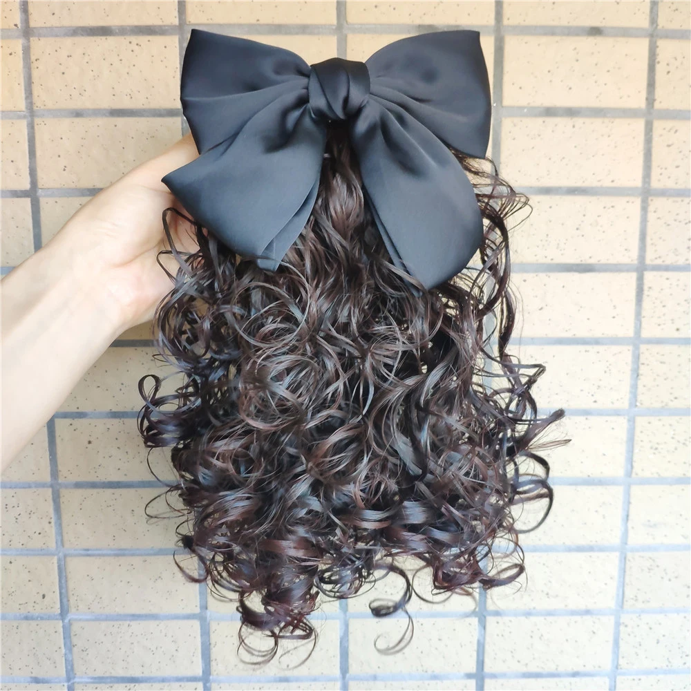 14 Inch Vintage Bow Comb Clip Curly Ponytail Synthetic Hair Heat Resistant Fashion Hair Accessories for Women Daily Party