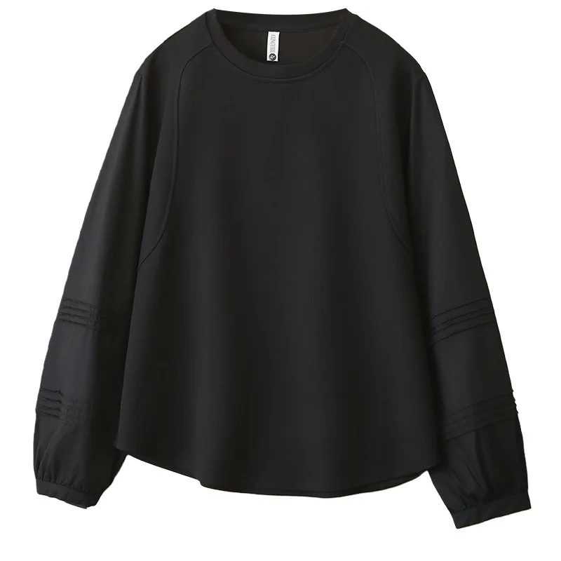 

2026 Spring Plus Size Women's Sweatshirt Ruched Long Sleeve Crew Neck Patchwork Tops Casual Loose Tee For Curvy Ladies 9901