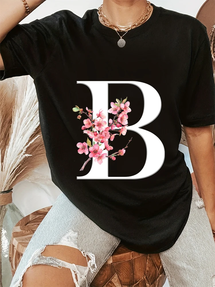 New Cherry Blossom 26 Alphabet T-shirt For Women Fashion Short Sleeve Vintage Letter A-Z Tees Casual Sakura Trend Mama Y2K Tops