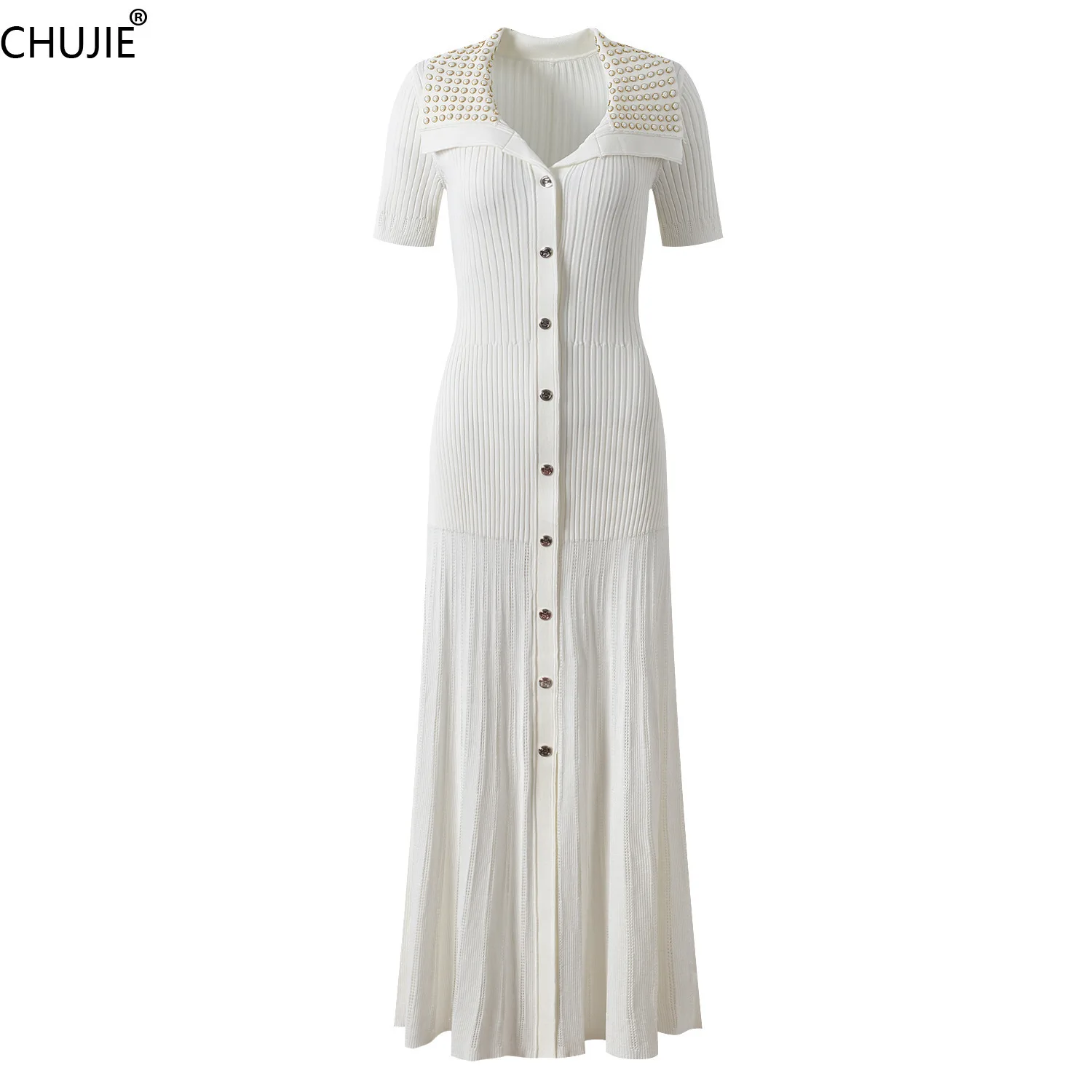

CHUJIE Women's Dress has a sexy and slim fit with a nail bead collar and a single breasted long dress 2025 Spring New