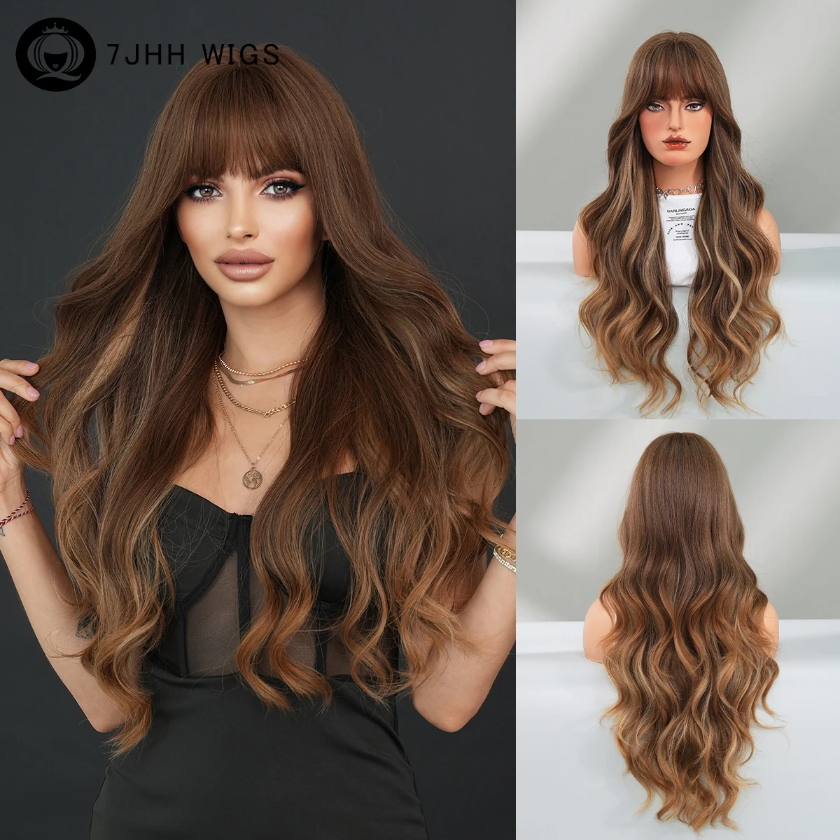 7JHH WIGS Lange, gewellte, honigbraune Perücken für Frauen, hochdichte, synthetische, geschichtete, modische Perücken mit ordentlichem Pony