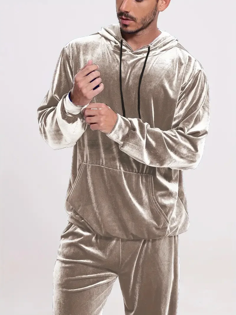 Herren-Trainingsanzug aus Samt in Goldoptik mit Reißverschluss-Hoodie, elastischen Bündchen und Jogginghose, Frühling/Herbst, europäisch-amerikanischer Casual-Stil, zweiteiliges Outfit – Detail 12