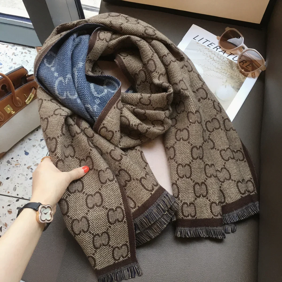 

Khaki Drill Denim Color Block Double-sided Thickened Faux Sheepskin Scarf Winter Warm Neck Warmer Dual-purpose Shawl