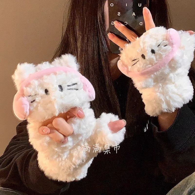 

Hello Kitty Fingerless Gloves Versatile Cycling Cold Protection Flip Gloves Winter New Keep Warm Write Touchscreen-enabled Glove