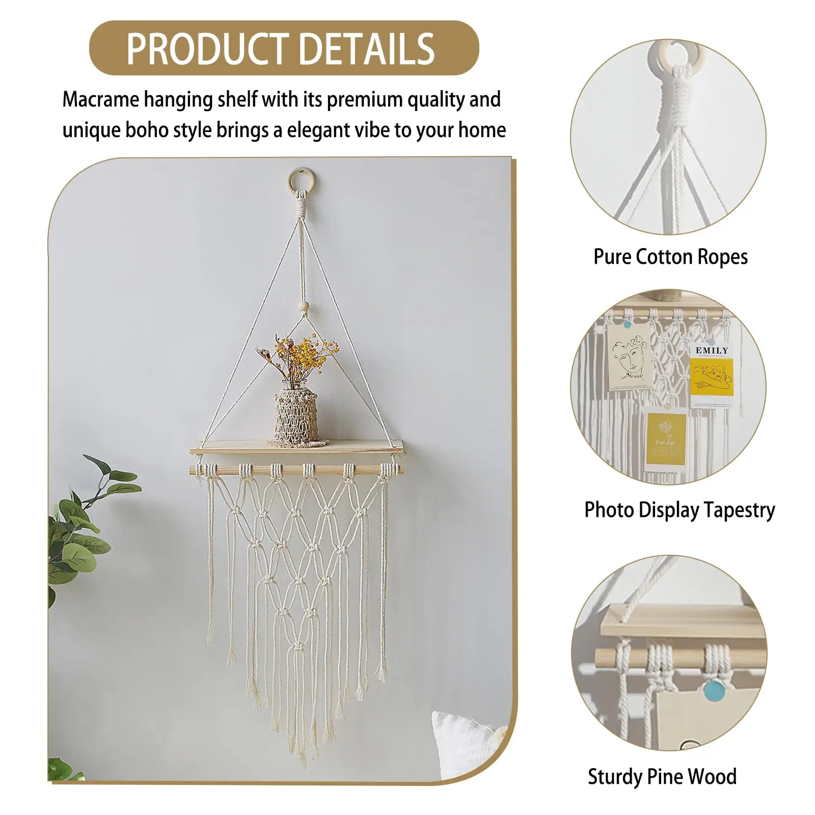 Makramee-Wandregal zum Aufhängen, schwebendes Wandregal, Boho-Heimdekoration, Regale, Wand, Holzdekoration für Schlafzimmer, Wohnzimmer, Kinderzimmer, Geschenk – Detail 6