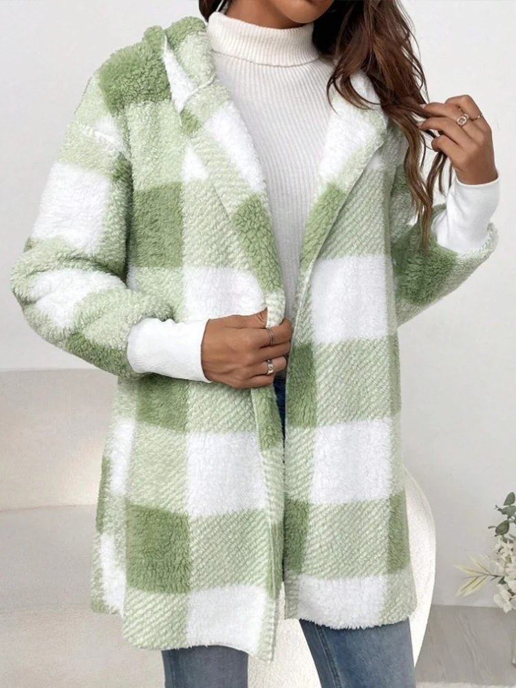 2024 Winter Plaid Color Block Women Cardigan Hooded Loose Ribbed Long Sleeved Sweaters Warm Plush Comfortable Knitted Clothing