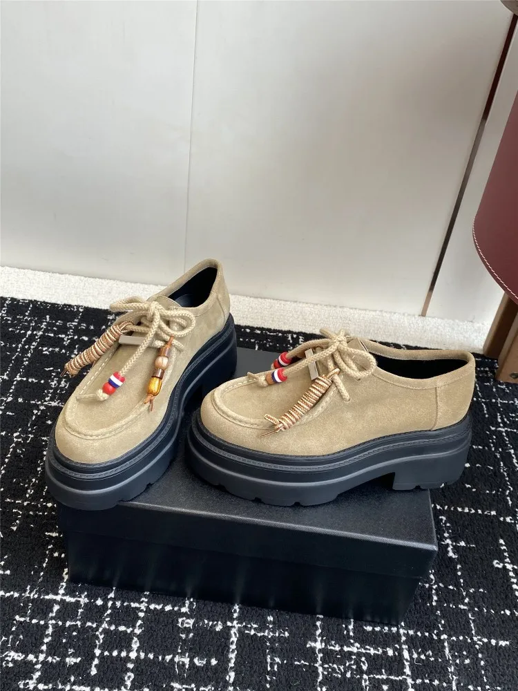 Japanese Style Women Genuine Leather Pumps Retro Round Toe Thick Platform Casual Shoes Solid Color Lace-Up Footwear Hot Sale