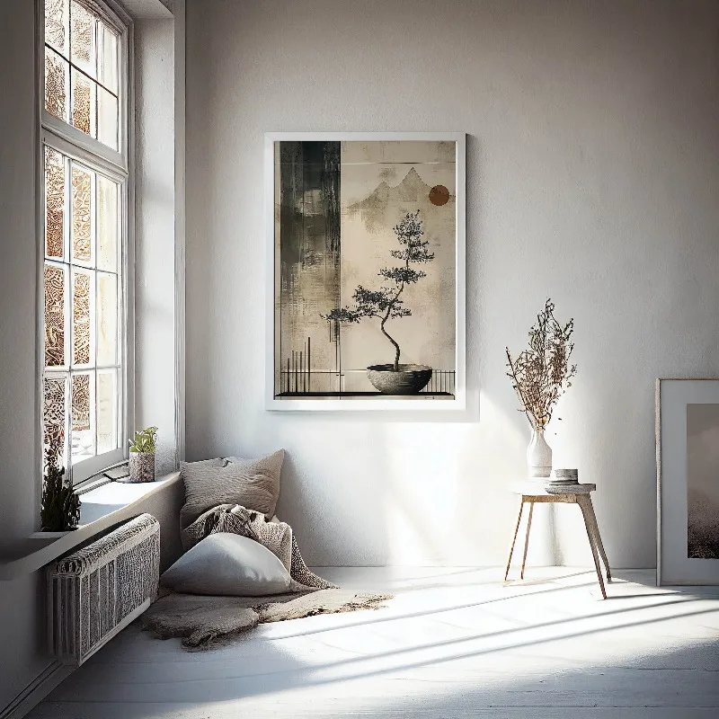 Japandi Japanese Wabi Sabi Wall Art Decor Neutral Beige Vintage Canvas Print Flying Birds Pine Tree Mountain Landscape for Home