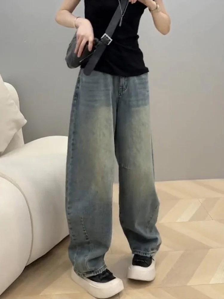 

Осень 2024, женские широкие джинсы больших размеров с высокой талией, универсальные джинсовые брюки в стиле ретро для женщин