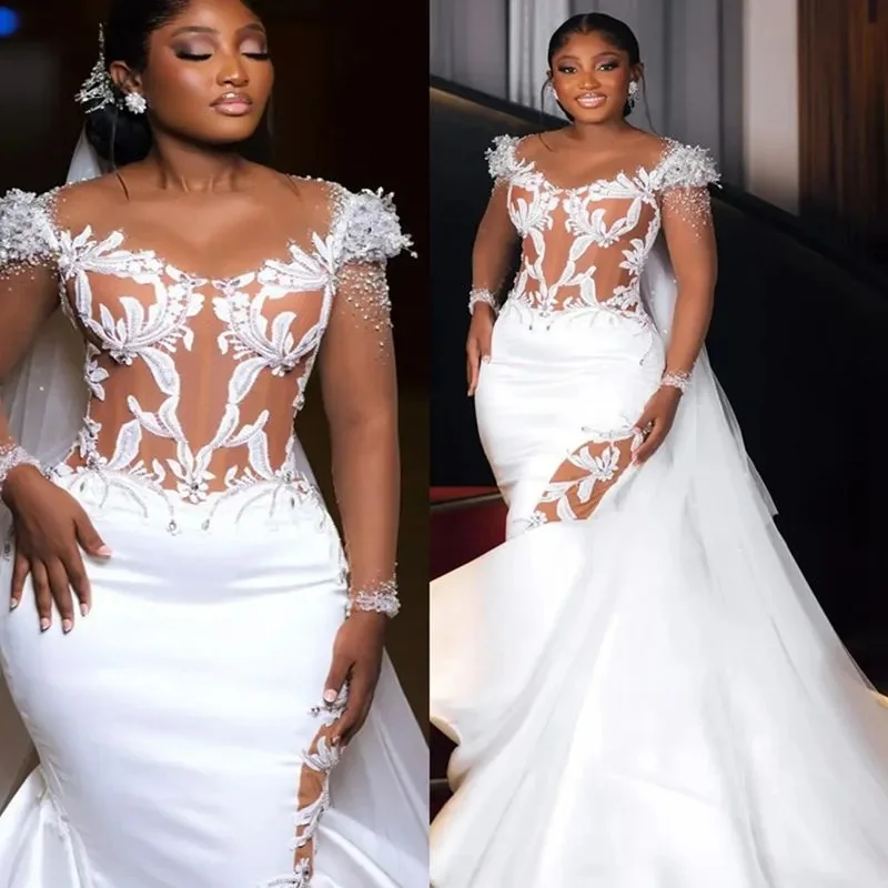 Customized  Mermaid Bridal Gowns Illusion Mermaid Wedding Gowns Black Women Long Sleeves Appliqued Beads Lace Dress