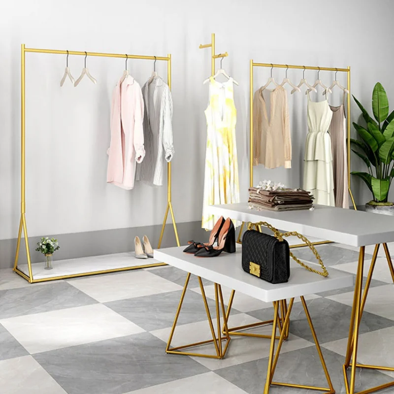 Custom, Custom Shopping Mall Gold Clothing Display Stand Retail Garment Store Metal Hanging Rack Shelf