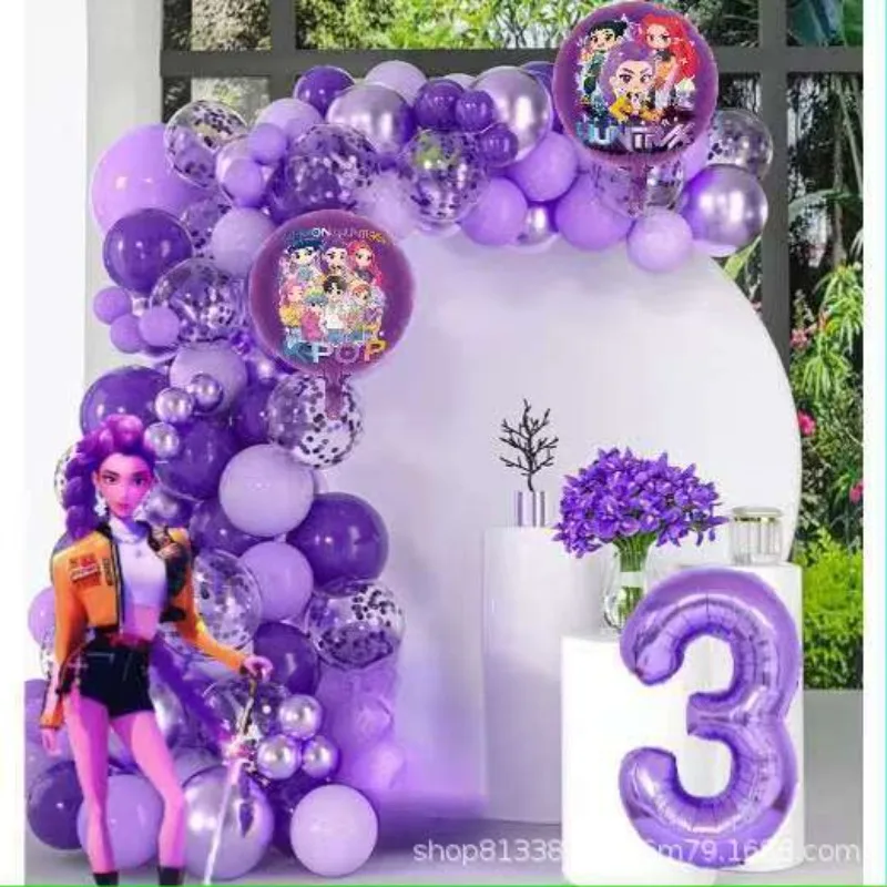 K-Pop Birthday Party Decorations, Purple Pink Balloon Garland Kit with Foil Balloons & Happy Birthday Backdrop Party - view 6